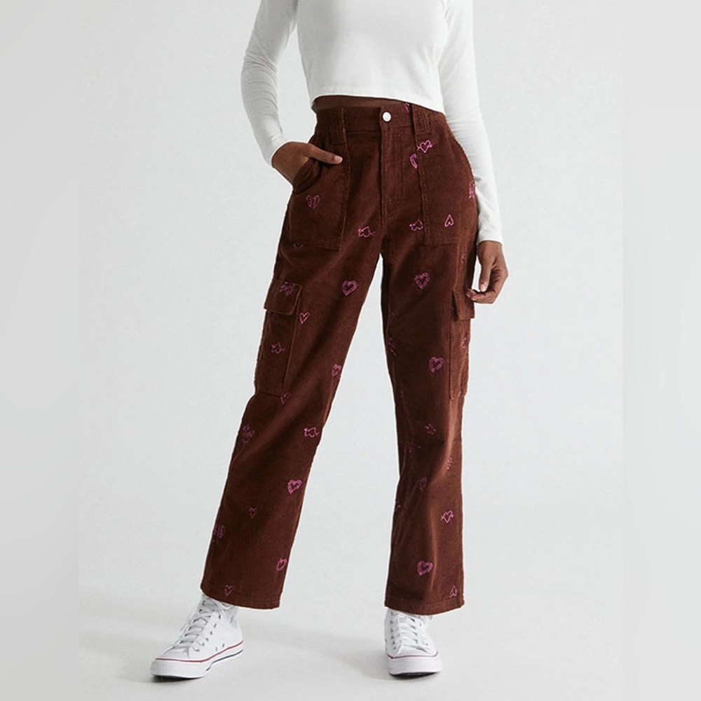 PACSUN Heartbreaker Brown Corduroy Cargo Elastic Waist Pants, Embroidered, Small